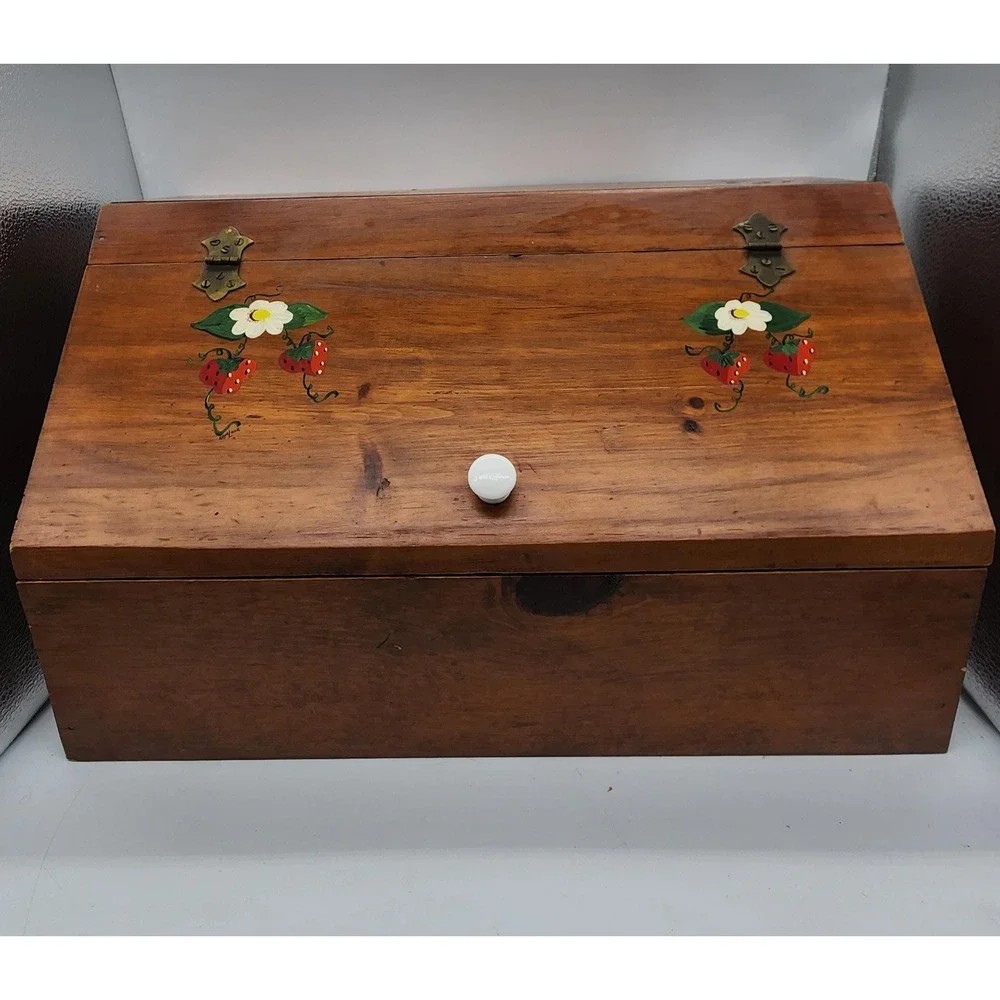 Vintage Bread Box with Hand painted Strawberries